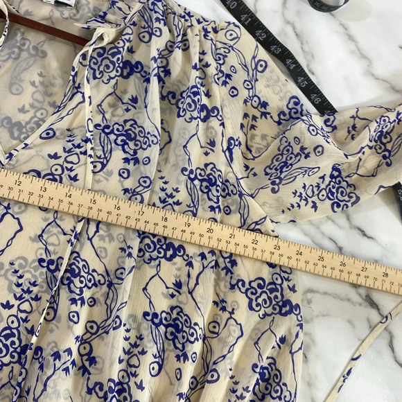 & Other Stories Ruffle Collar Cloud Print Mini Dress Women Sz 10 Tan Blue Tiered - Picture 14 of 15